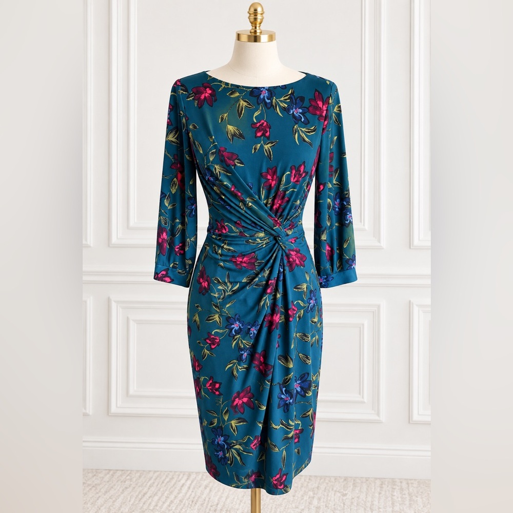 Lauren Ralph Lauren floral dress in a rich teal blue Size  6 Fully lined